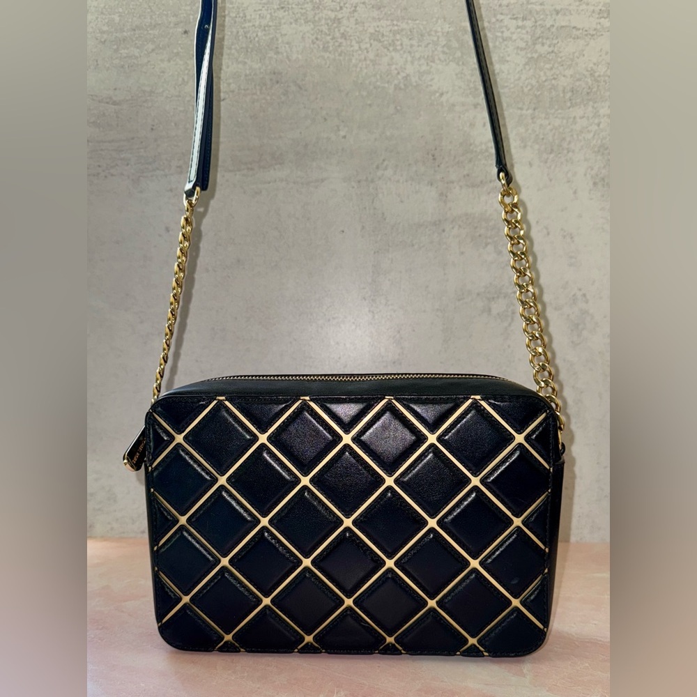 Michael Kors Crossbody Bag, Black & Gold Square Check, Jet Set Travel